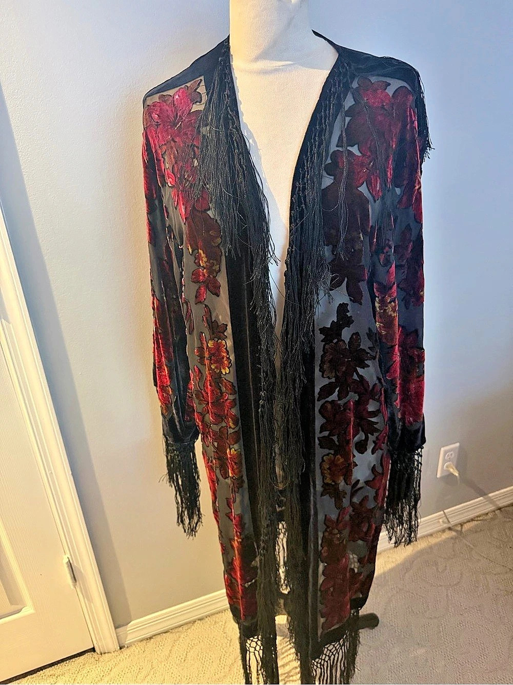 Velvet Burnout Long open Kimono Red Floral and Fringe one size